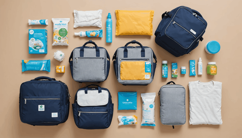 子連れ旅行に必要な持ち物を整理した写真。おむつやおしりふき、着替え、タオルなど、子供のための必需品が整然と並んでいる様子。