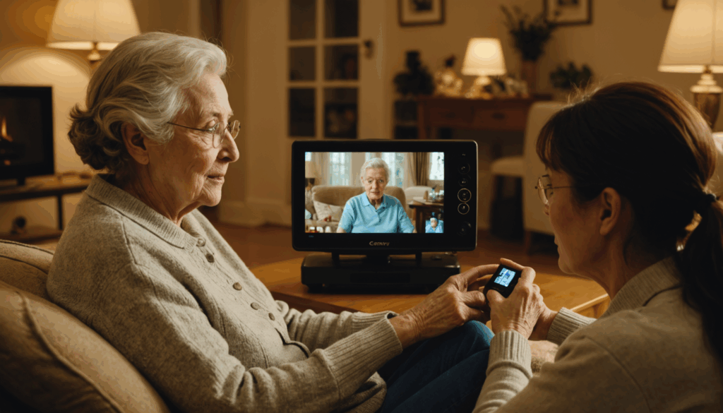 高齢者を見守るための見守りカメラが設置された温かみのあるリビングルームの写真。安心感とつながりを感じさせる雰囲気。