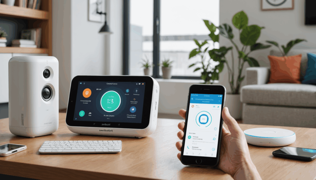 スマートホームの環境で、SwitchBotデバイスとスマートフォンアプリのインターフェースを使い、接続問題やメンテナンスの課題を示した写真。