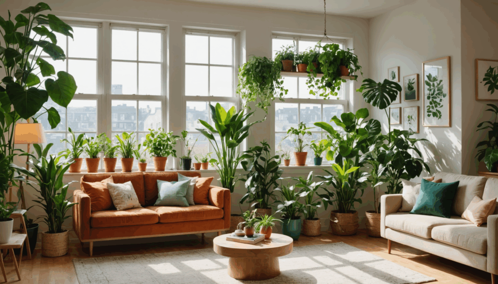 明るく居心地の良いリビングに置かれた観葉植物の写真。さまざまな緑の葉が日光を浴びて、爽やかな空間を演出しています。