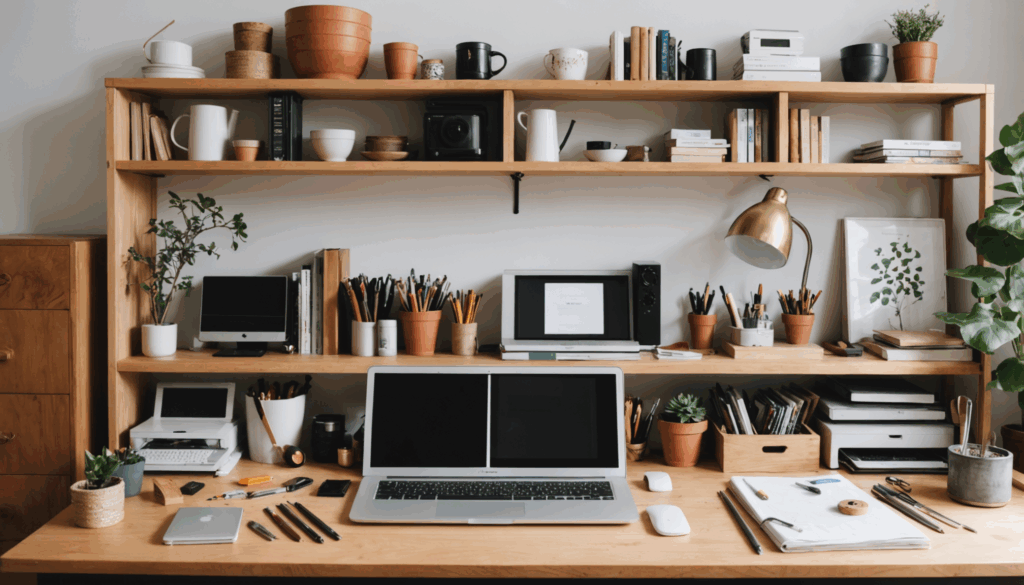 心地よいDIY作業スペースの写真。工具や材料が揃い、初心者にもおすすめの簡単な手作りアイデアが並ぶ