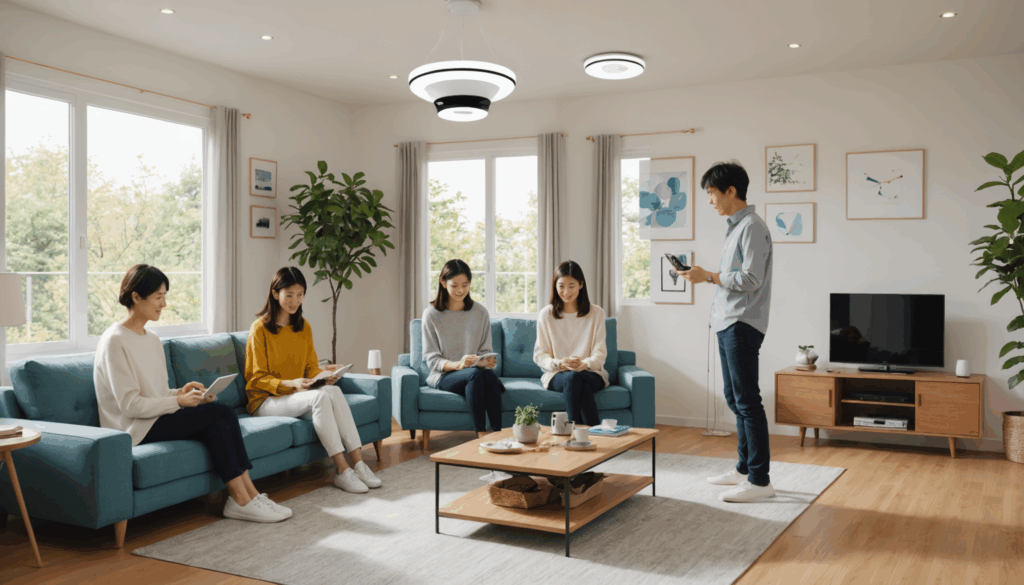 現代的なスマートホームのインテリアで、日本人がSwitchBotデバイスを操作している様子。自動化と便利さが強調された明るい雰囲気の家庭の生活を表現。