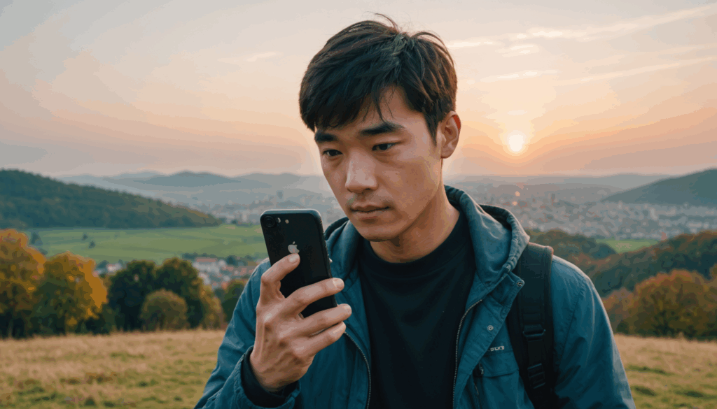 スマホを持ち、安定したグリップで撮影している人物の写真。美しい風景を背景に、画像の安定性と高画質を強調しています。