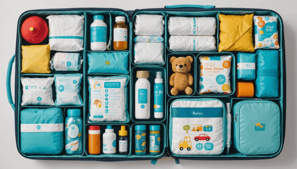 子連れ旅行の持ち物チェックリストの画像。おむつやおしりふき、着替え、衛生用品、子供用の食事やおもちゃが整理されている様子。