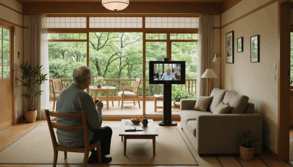 高齢者が居間で快適に過ごし、見守りカメラが設置されている様子。プライバシーを重視した安心感のある環境を表現。