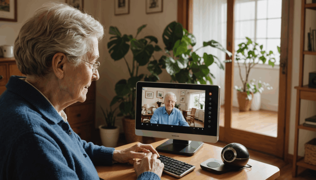 高齢者が自宅で双方向通話機能を持つ見守りカメラとやり取りしている様子。ペットが近くにいて、安全性とコミュニケーションの特徴を示しています。