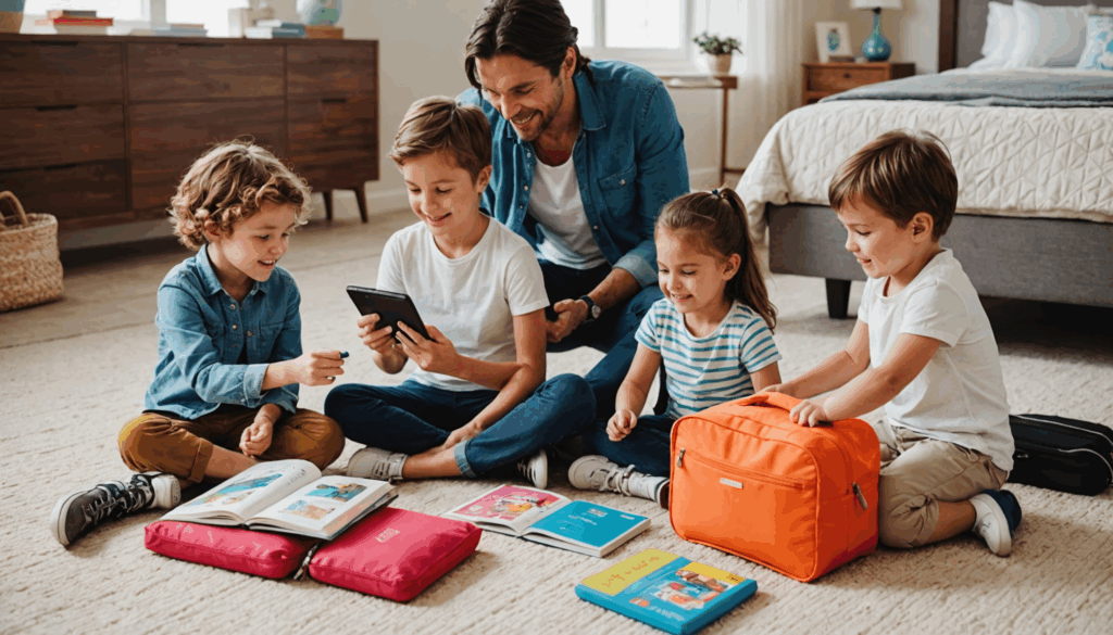子連れ旅行に必要な持ち物として、コンパクトなおもちゃや本、パッキングキューブ、モバイルバッテリーを含む明るい旅行のシーン。