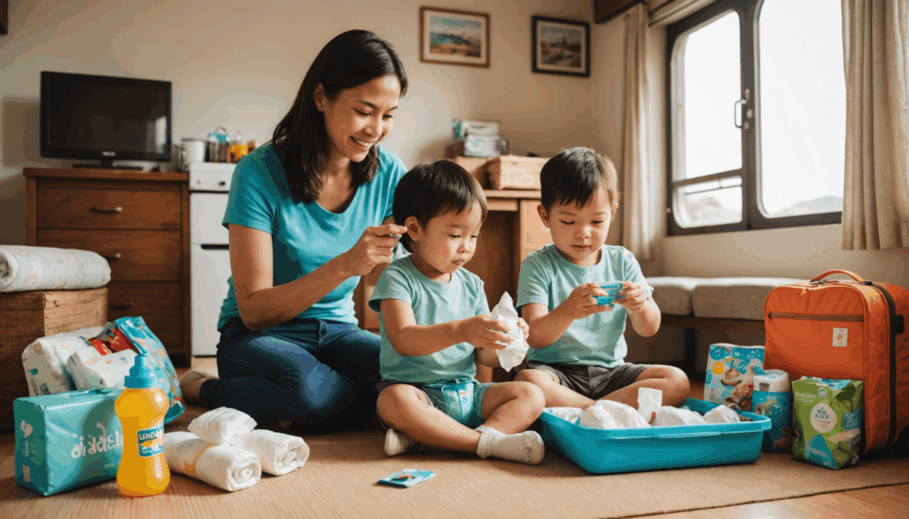 子連れ旅行の家族が、おむつやおしりふき、便利な持ち物を持って軽やかに旅行している様子を描いた写真。