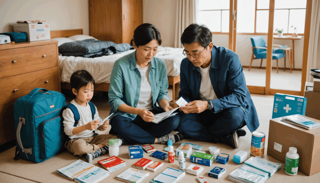 子連れ旅行の準備シーン。日本の親が子供と共に、健康保険証やおむつ、衛生用品などの必需品を整えている様子。