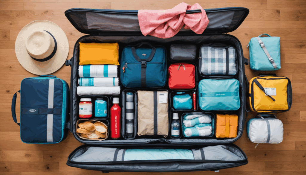 子連れ旅行の準備をする家族の写真。おむつやおしりふき、着替えなどの必需品を明るく配置している様子。