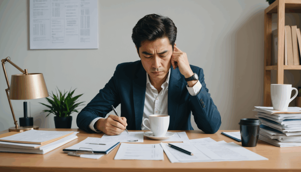 疲れた表情の人物がデスクに座り、書類やコーヒーカップに囲まれている様子。5月病によるストレスや疲れを象徴し、薄暗いオフィス環境がその疲労感を強調しています。