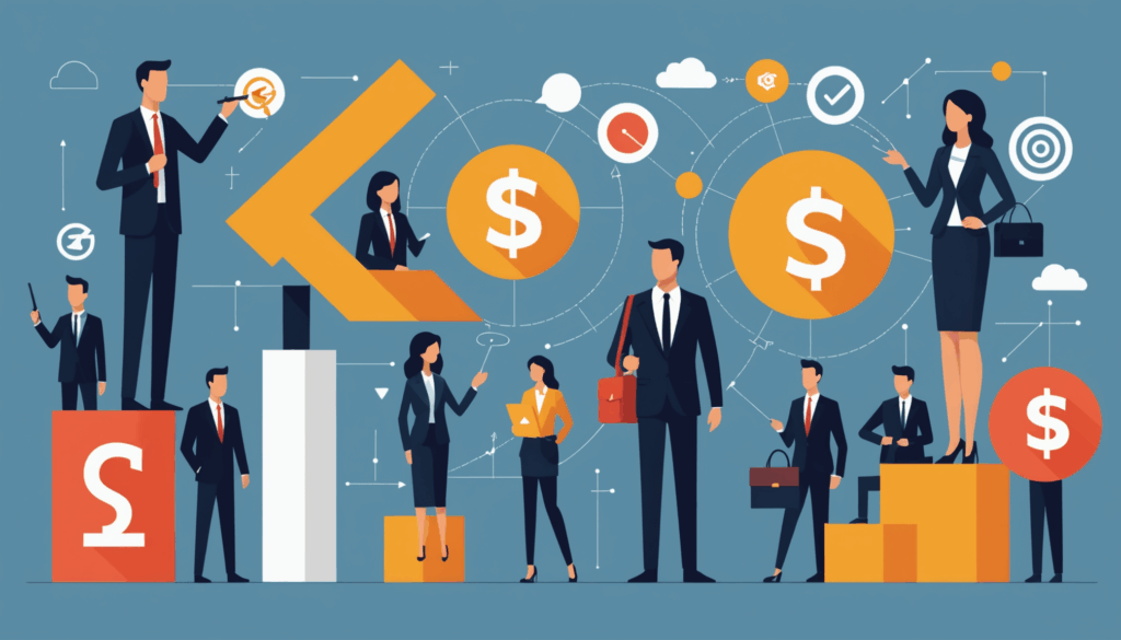 転職による年収アップの方法を示す画像。ビジネススーツを着た人々と成長を象徴する上向きの矢印が描かれている。