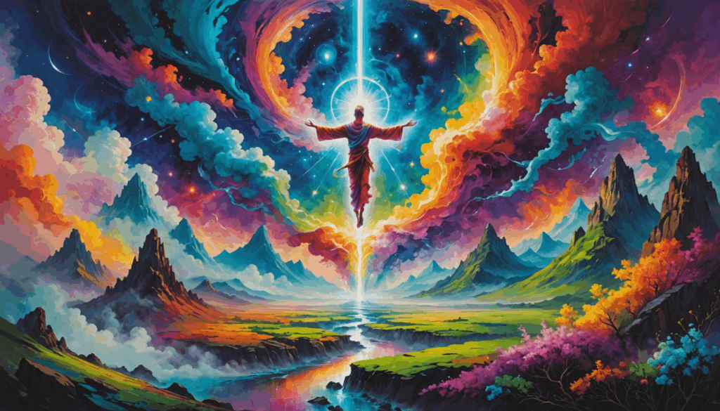 アセンションと次元の変化をテーマにした幻想的な風景画。鮮やかな色彩と抽象的な形がエネルギーと意識を表現している様子。