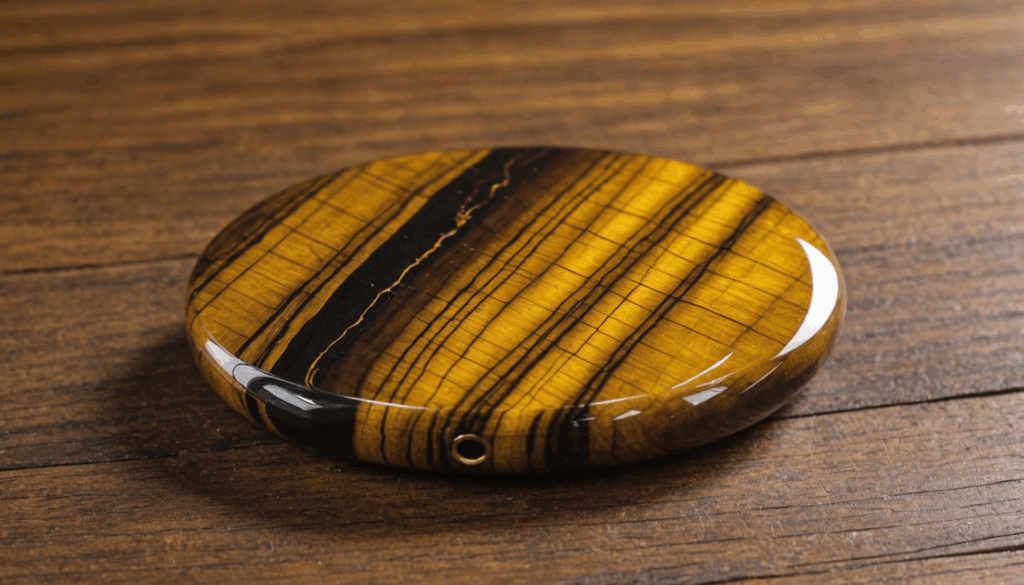 磨かれたタイガーアイのパワーストーンが木製のデスクの上に置かれ、柔らかな自然光がその黄金の輝きと独特の模様を引き立てている様子。仕事運や金運を引き寄せる効果が期待される