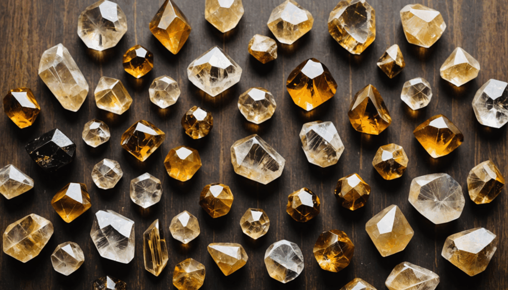 シトリン、タイガーアイ、ルチルクォーツのパワーストーンが木製の表面に美しく配置され、自然光で照らされる様子。金運や財運を引き寄せるアクセサリーとしての魅力を強調しています。