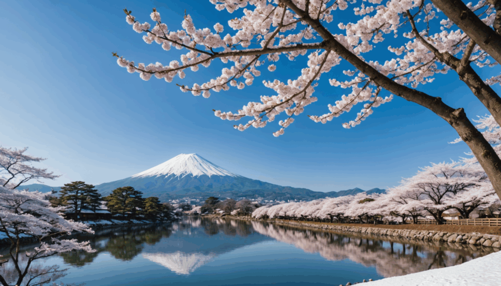 日本のオフシーズンの旅行先を描いた画像。冬の風景や桜、静かな田舎の景色が広がり、国内旅行の魅力を感じられる。
