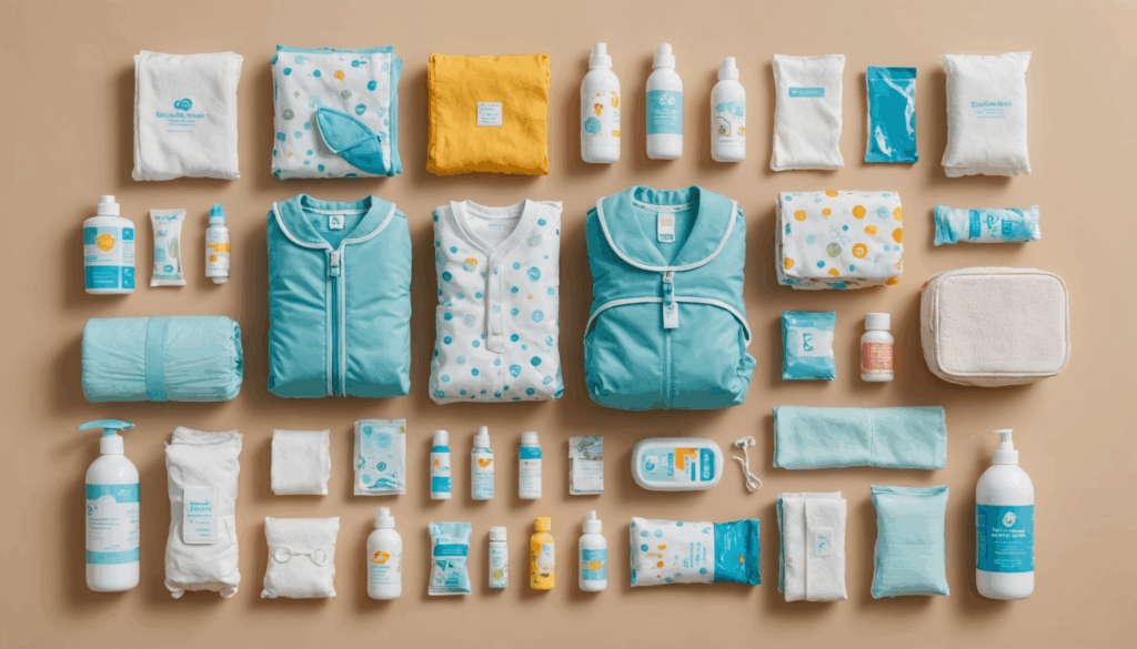 赤ちゃんの旅行必需品が柔らかい表面に整然と並べられ、オムツや食事用具、ケア用品が含まれています。
