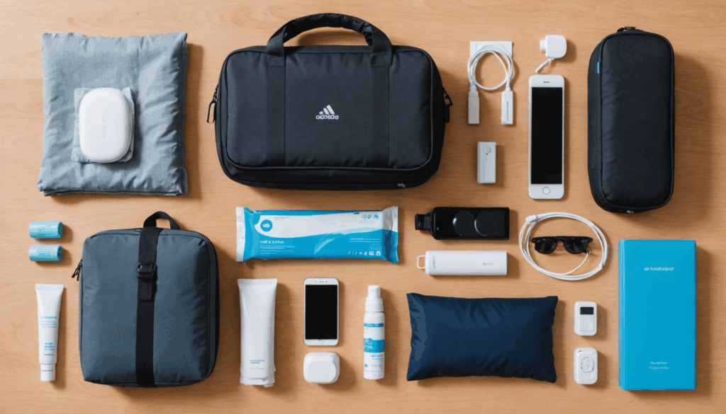 快適なフライトのための旅行必需品の写真。着圧ソックスやアイマスク、充電器などの持ち物が整然とした機内の座席に配置されている様子。