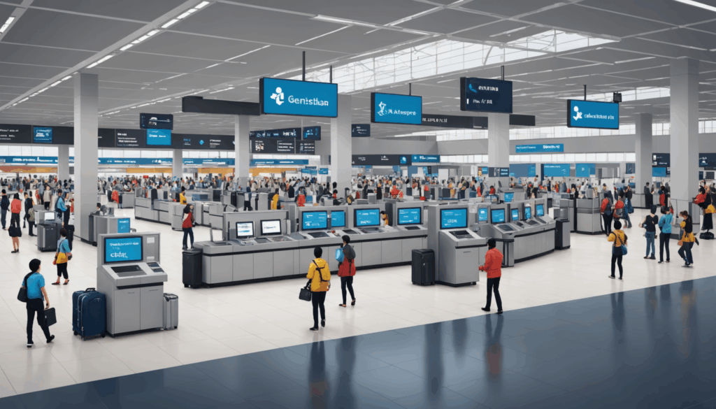 空港のチェックイン風景。ターミナル内のチェックインカウンターで、荷物を持った旅行者が手続きをしている様子