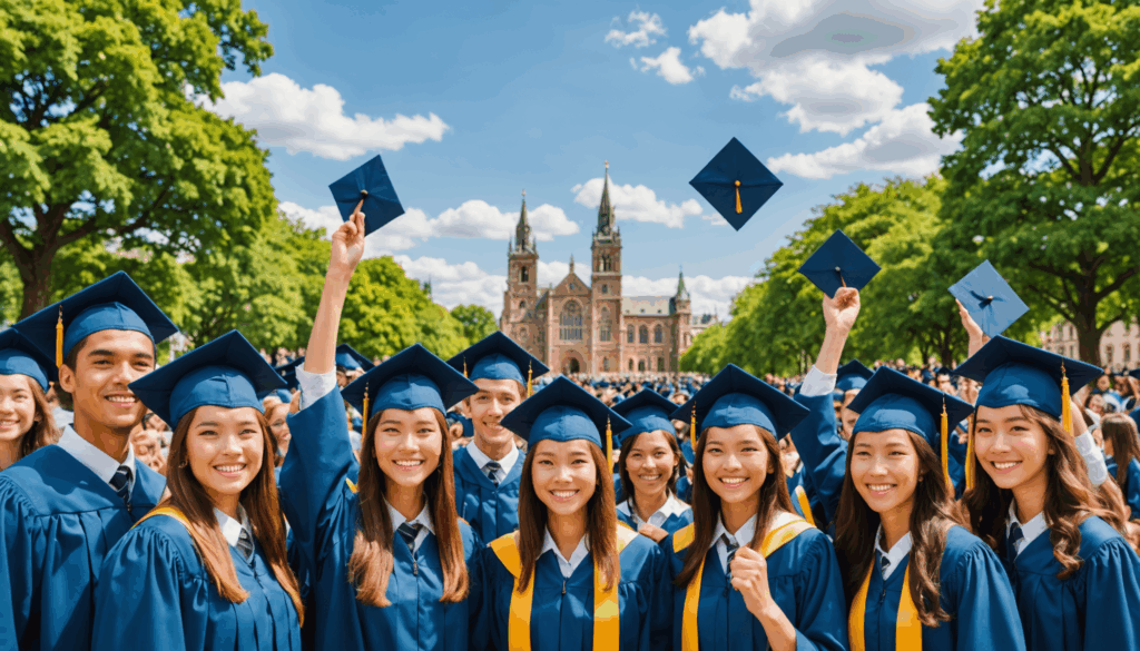 卒業旅行を楽しむ友達のグループが、背景にアイコニックなランドマークを持つ活気ある雰囲気の中で過ごしている様子。