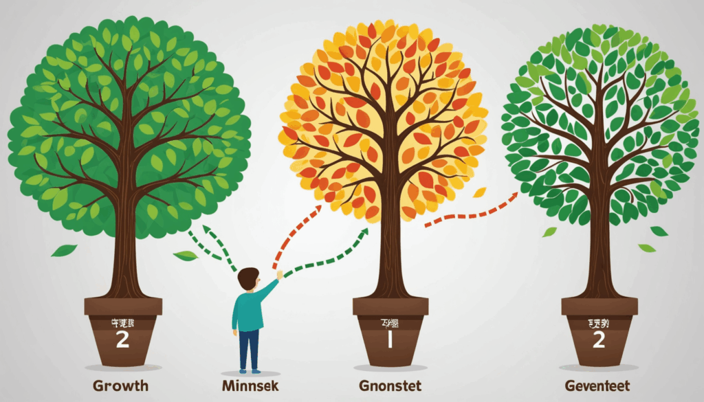 成長型マインドセットと固定型マインドセットの対比を示す画像で、成長を象徴する生い茂った木と停滞を表す枯れた植物が描かれています。ビジネスや教育におけるマインドセットの重要性を視覚的に表現しています。