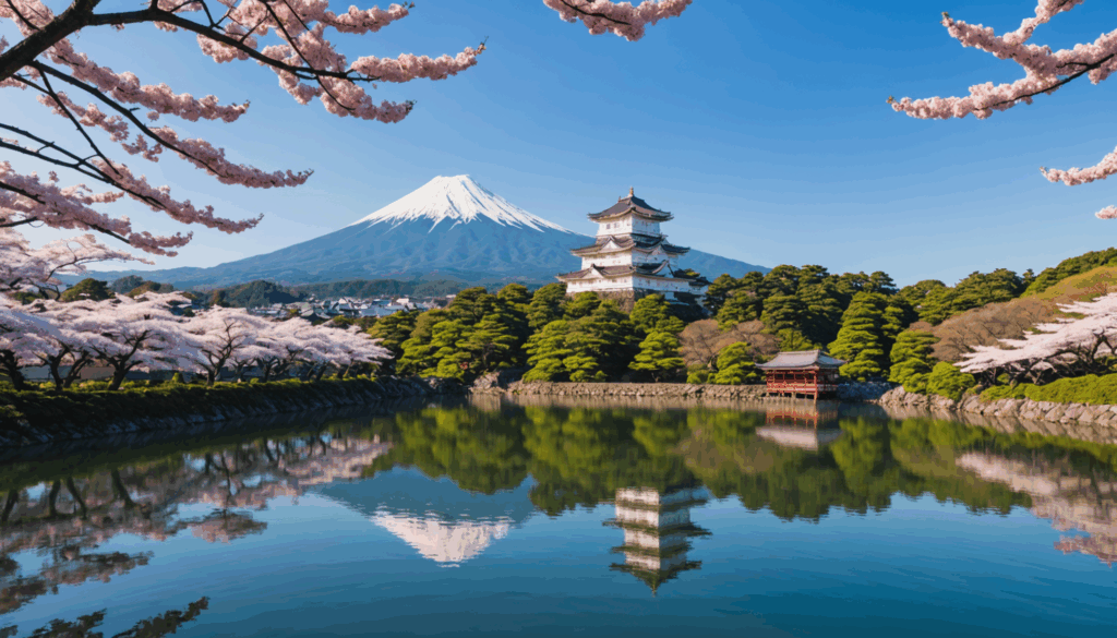 春の桜に囲まれた美しい姫路城の写真。優雅な白壁と歴史的建築を持つこの世界遺産は、日本の観光スポットとしておすすめです。