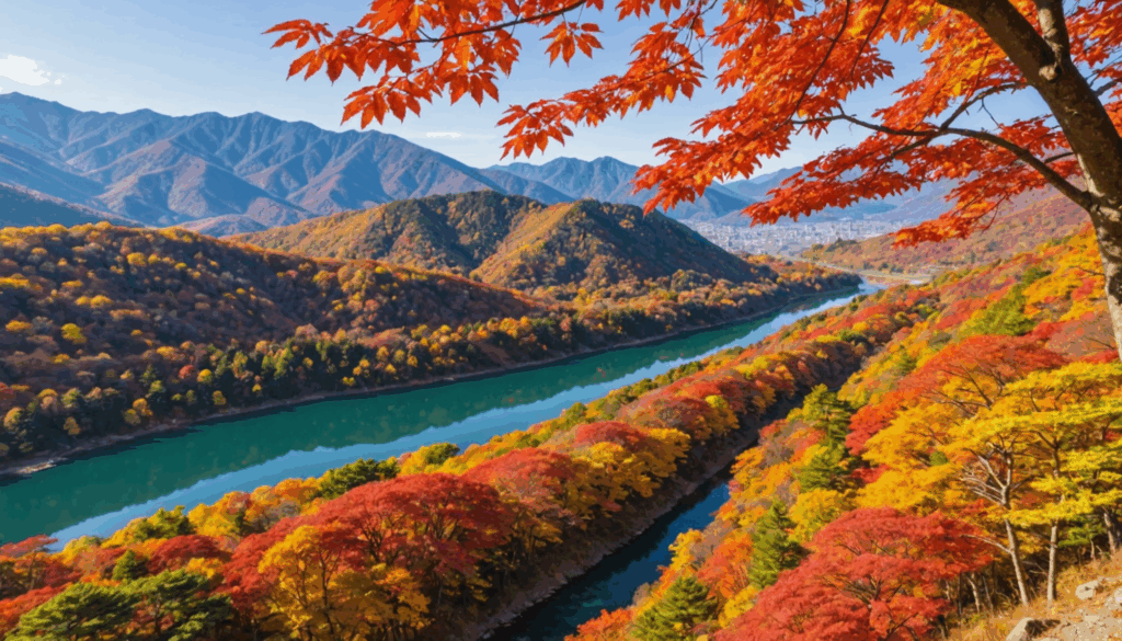 紅葉が美しい秋の風景。赤やオレンジのカエデの葉が湖に映り、遠くの山々と青空が広がる自然の景観を楽しむ様子