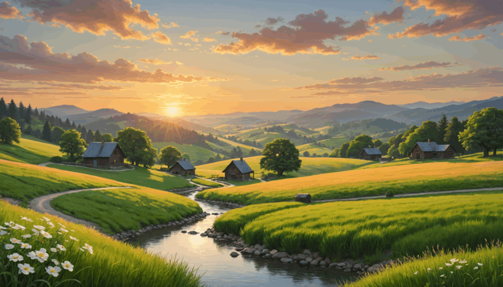 穏やかな風景写真。夕日が照らす丘と穏やかな小川が、iDeCoの加入や掛金による資産運用の重要性を象徴している。