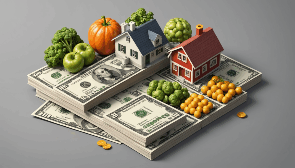 ふるさと納税の概念を表現した画像で、地元の特産品やお金、税金申告書が描かれている様子。