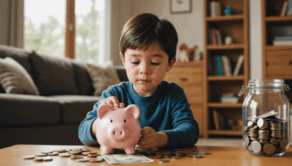 子どもが家庭でお金について学んでいる様子を描いた画像。コインと貯金箱が並ぶ温かい雰囲気の中での教育の重要性を表現。