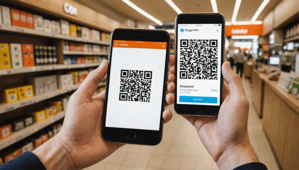 スマホでQRコード決済を行っている様子を描いた画像。キャッシュレス決済の便利さと安全性を強調しています