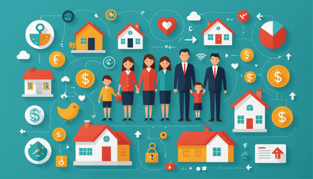 ライフステージの変化を示すイラストで、結婚や出産、住宅購入などの家族の変化と共に、保険の見直しや保障内容の重要性を表現しています