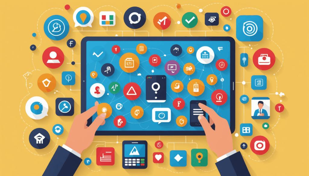 ポイ活のイラスト。簡単に稼げる方法やアプリ、モバイルデバイスを使ったポイント活動を表現した様子。