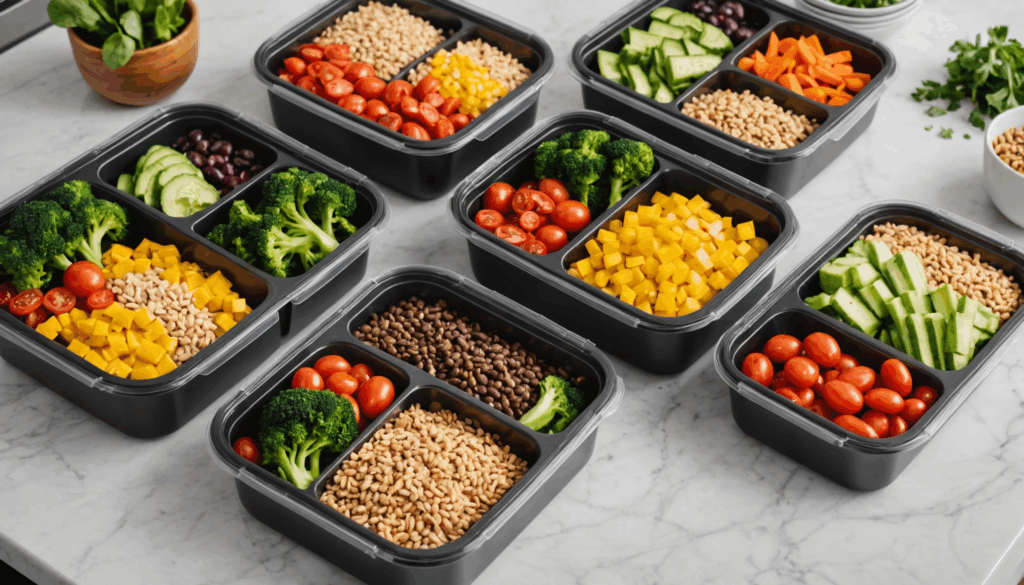 カラフルな作り置きおかずが詰まった容器が整然と並ぶキッチンの写真。栄養バランスを考えた簡単なレシピのための常備菜が見える。