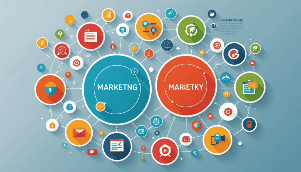 マーケティングの重要性を表現した画像。顧客との関係構築や競争優位性、ブランド認知度、パフォーマンス測定、持続可能な成長を示す要素が含まれている様子。