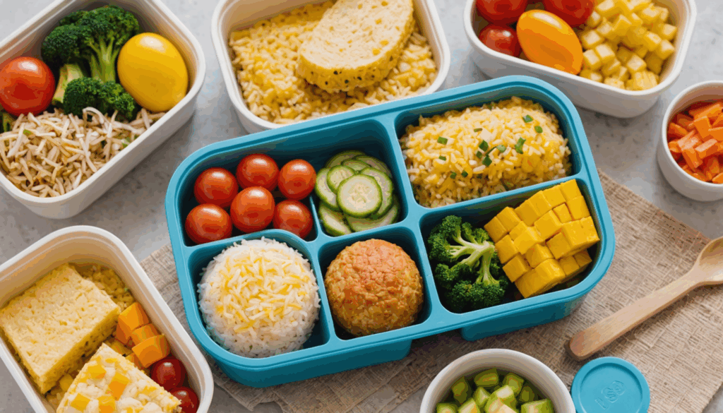 2歳の子ども向けに、見た目も鮮やかなお弁当がキッチンで撮影されており、おにぎりや卵焼き、漬物などの食べやすいおかずが詰まっています