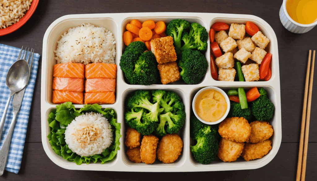 色とりどりの健康的なお弁当の写真。3歳の子ども向けに、鮭のおにぎりやブロッコリーサラダサンド、鶏の唐揚げなどが美しく盛り付けられている様子