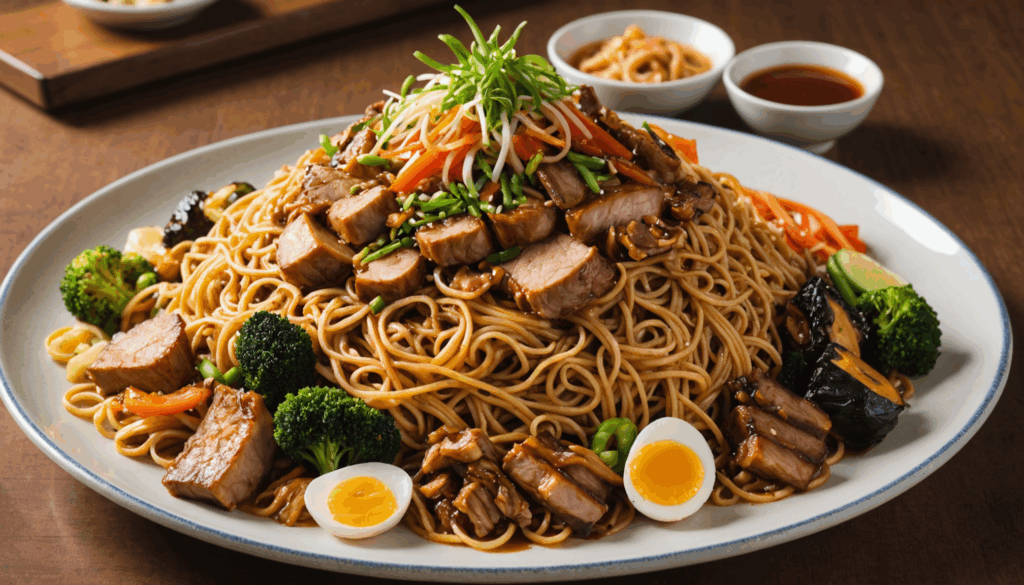 群馬のB級グルメを盛り込んだ美味しそうな料理の写真。上州太田焼きそばや高崎パスタ、ソースカツ丼が美しく盛り付けられた様子。