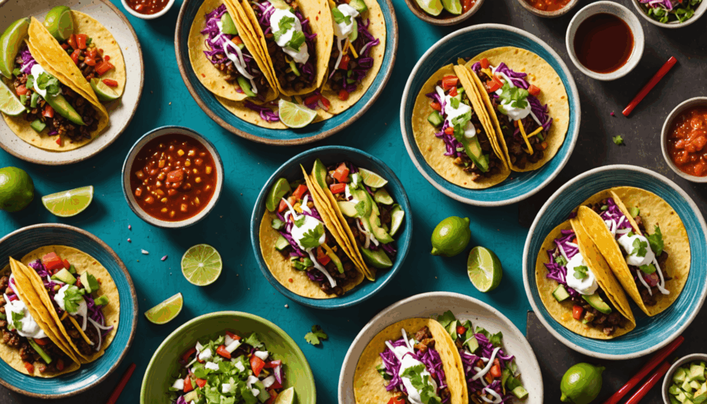 色とりどりのタコスが新鮮な具材で満たされ、沖縄とメキシコのスタイルが融合した美しいテーブルセッティングの写真。タコスの魅力が引き立つ一品です