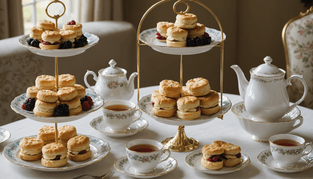 豪華なアフタヌーンティーのセッティングで、スコーンやサンドイッチ、スイーツが盛られたティースタンドが美しい食器に囲まれています。