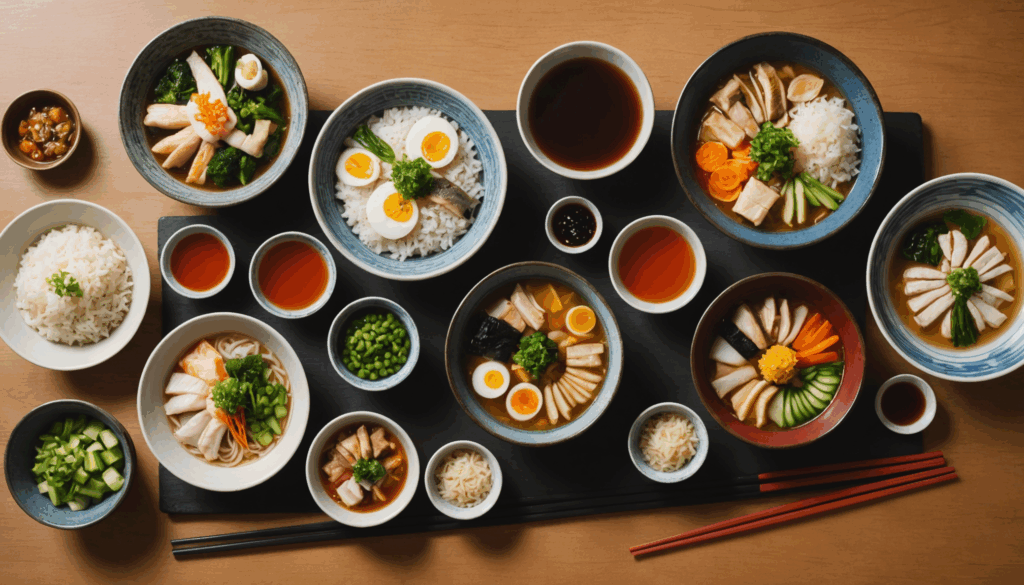 伝統的な和食の写真。栄養バランスを考えた主菜と副菜、野菜、魚、ご飯が彩り豊かに盛り付けられた健康的な食事の様子。