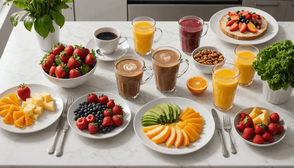 カラフルなフルーツと野菜が盛られた白い皿、横にはコーヒーかスムージーが置かれた、明るいキッチンの朝ごはんのシーン。栄養満点の簡単レシピを楽しむ様子。