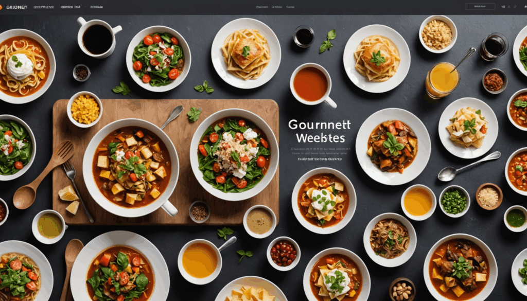 グルメサイトの様々な特徴を示す画像。ユーザー評価やおすすめの飲食店、オンライン予約やクーポン情報が視覚的に表現されている様子。