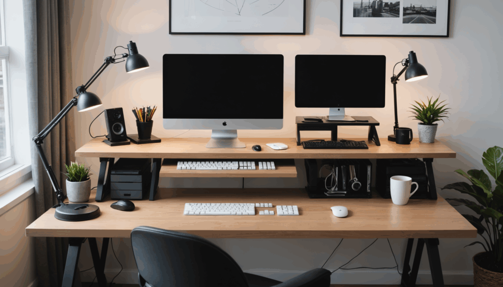 快適で整理されたデスクの写真。エルゴノミクスアクセサリーを使ったデスク環境で、ノートPCやモバイルバッテリーが並ぶ様子