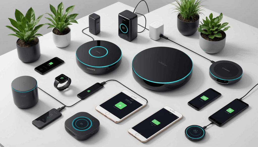 未来的なガジェットのイラスト。スマートホームデバイスやワイヤレス充電器など、便利でおしゃれな設計が自宅のモダンな環境で使用されている様子を描いています。