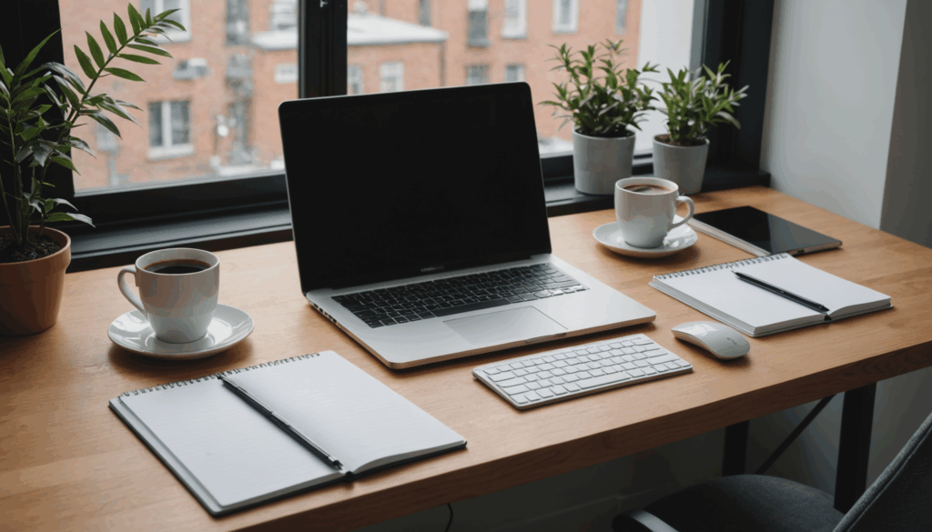 在宅勤務に最適なホームオフィスの写真。ノートパソコンやノート、コーヒーカップが並び、集中できる環境を整えている様子。