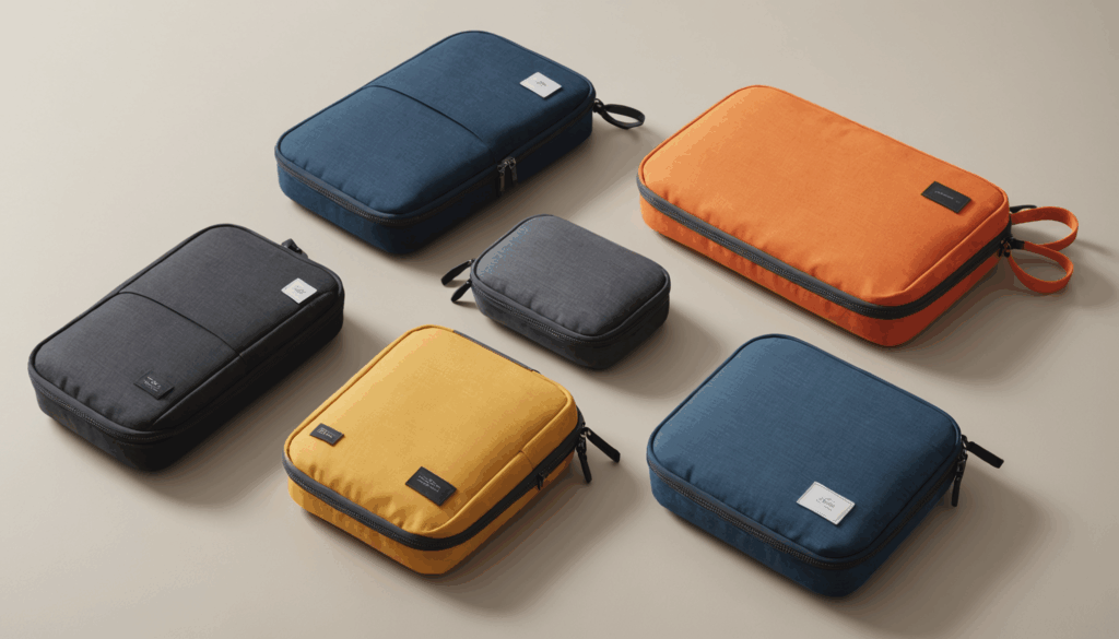 スタイリッシュなガジェットポーチの写真。さまざまなサイズや形状、ポケットの配置が強調され、収納の使いやすさが際立つ様子。