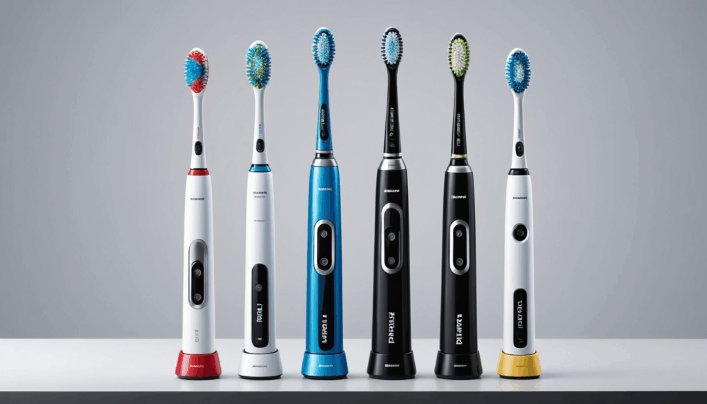 パナソニック、ブラウン、フィリップスの電動歯ブラシ3本が並び、それぞれ音波振動、回転アクション、音波水流の特徴を強調した現代的なデザインの写真。