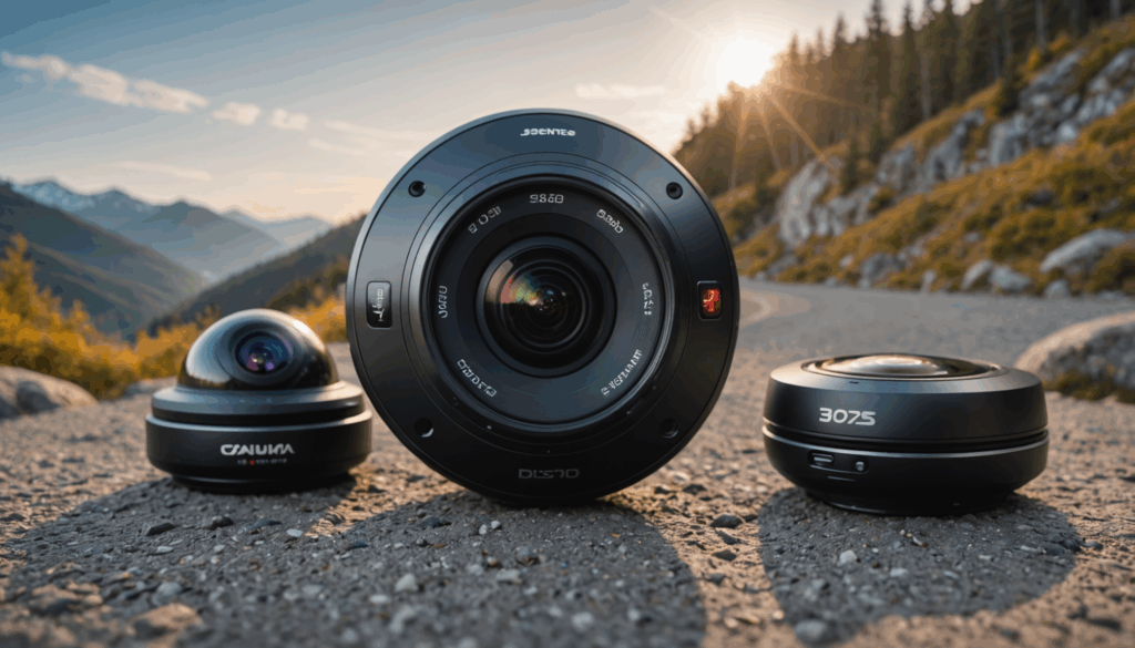 アウトドアでの撮影シーンを背景にした360度カメラの写真。高解像度で手ブレ補正機能を活かし、旅行や冒険の楽しさを表現している。