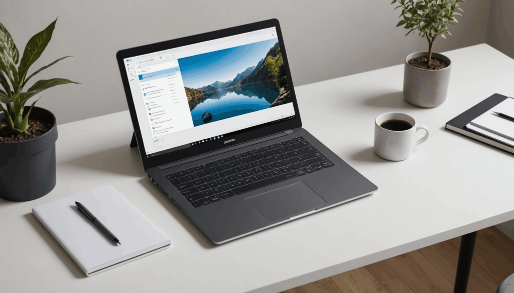 スタイリッシュなデスク上に置かれた軽量ノートパソコンの写真。1kg未満のコンパクトなデザインで、ポータビリティとエレガンスを強調した作業空間を表現。